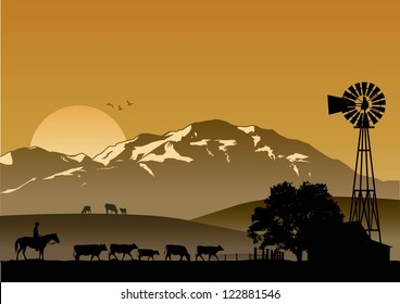 Silhouette Of Dairy Farm At Sunset, Vector