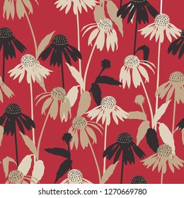 Silhouette of daisies and Echinacea on a red background. Vector seamless pattern.