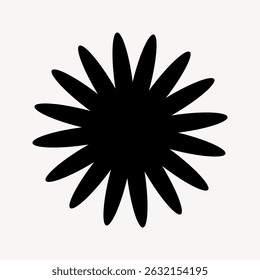 Silhouette of a daisy flower with black petals on a white background. Daisy flower silhouette, black petals, simple design, white background. Graphic element vector.