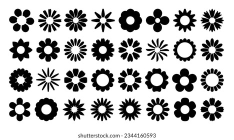 Silhouette daisy flower. Simple shape chamomile, black silhouette flowers. Floral graphic design element, plant icon, nature abstract chamomiles. Vector set. Summer blossom art collection