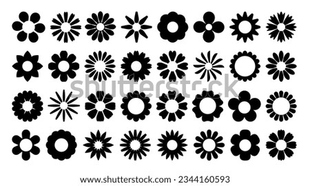Silhouette daisy flower. Simple shape chamomile, black silhouette flowers. Floral graphic design element, plant icon, nature abstract chamomiles. Vector set. Summer blossom art collection
