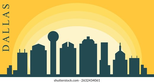 silhouette of the Dallas skyline against the backdrop of the Big Yellow Sunset. The setting sun creates a gradient from bright yellow to orange.

