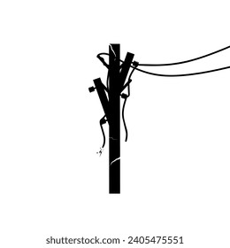 Silhouette of a damaged electricity pole with broken wires. The causes of power outages are very dangerous. Vector illustration.