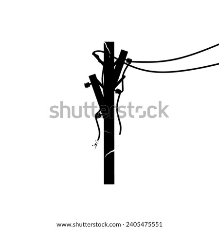 Silhouette of a damaged electricity pole with broken wires. The causes of power outages are very dangerous. Vector illustration.