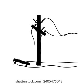 Silhouette of a damaged electricity pole with scattered wires. Cause of power outage. Vector illustration.