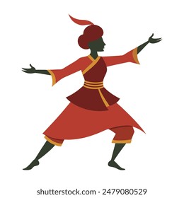 A silhouette of a dancer in traditional attire from various cultures