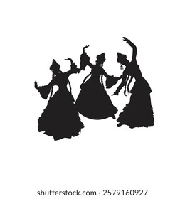 Silhouette of dancers Asian girls show national Kazakh dance. Vector illustration