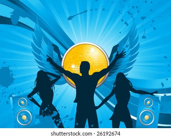 silhouette dancers partying in front of orange winged disco ball on a grunge background with speakers and waves