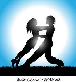 silhouette of dancers and sky in the background