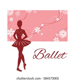 Silhouette of the dancing ballerina against the pink background of beautiful patterns. Vector illustration