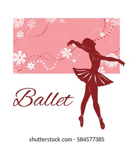Silhouette of the dancing ballerina against the pink background of beautiful flowers. Vector illustration