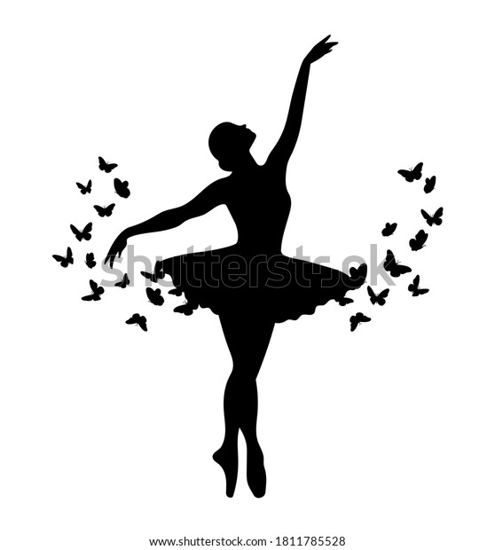 飛ぶ鳥の舞うバレリナのシルエット バレエのツツで踊る女の子 クラシックダンサーの白黒のイラスト のベクター画像素材 ロイヤリティフリー