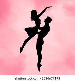 Silhouette of a Dancing Couple in an Elegant Lift Pose, Set Against a Dreamy Pink Background, Showcasing Romance and Grace. Perfect for Themes of Love, Dance, and Artistic Expression.