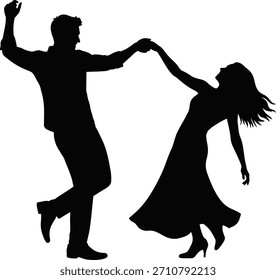 Silueta de la pareja de baile en pose elegante con vestido que fluye y brazo levantado