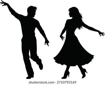 Silhouette of Dancing Couple in Expressive Pose with Flowing Dress and Raised Arm