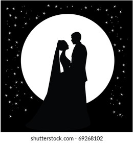 silhouette of a dancing couple married against the backdrop of the moon and the sky