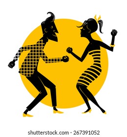 Silhouette of a dancing couple on a yellow background.