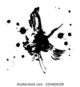 Silhouette of a dancing crane with ink drops on the background
