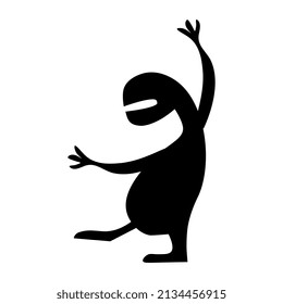Silhouette of a dancing creature without eyes with a raised leg and arms. Big belly and mouth without teeth. Isolated vector on a white background.