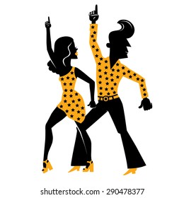 Silhouette of a dancing disco couple.