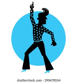 Silhouette of a dancing disco coupleon a blue background.