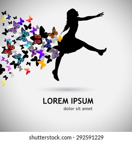 Silhouette of dancing girl with butterflies. Vector