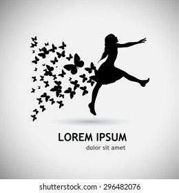 Silhouette of dancing girl with butterflies. Vector