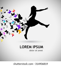 Silhouette of dancing girl with butterflies. Vector