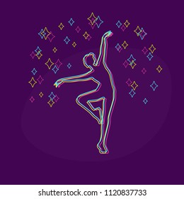 Silhouette of a dancing girl of colored lines. Vector illustration with dancer woman and bright stars. Design concept can be used for promotion flyer, poster, banner, wallpaper, cover