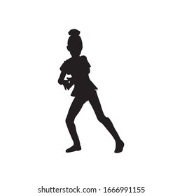 Silhouette of a dancing girl enjoying the rhythm. Jumping, shaking hips, body movement, cute character. Have fun in childhood. Stylized vector illustration on a white background.