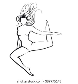 Silhouette of a dancing girl. High jump.  Black silhouette on a white background. 