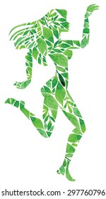silhouette of a dancing girl made of green plants  - hand drawing watercolor vector illustration