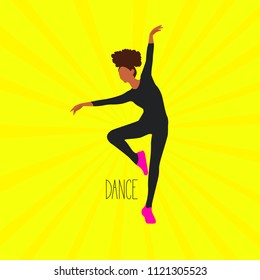 Silhouette of a dancing girl on bright yellow background. Vector illustration with dancer woman and text - dance. Design concept can be used for promotion flyer, poster, banner, wallpaper, cover