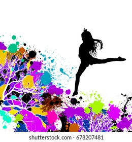 Silhouette of dancing girl on colorful background. Vector