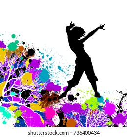 Silhouette of dancing girl on colorful background. Vector