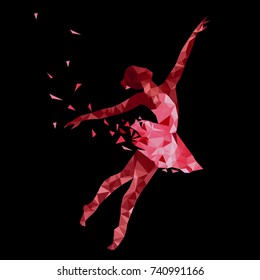 Silhouette of a dancing girl of particle. Ballerina logo for ballet school, dance studio. Low poly style. Black and white colors.