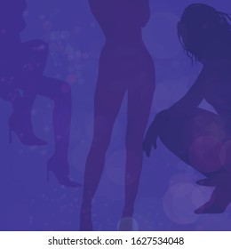 silhouette of a dancing girl at a party, night club, glitter spotlights, background with bokeh