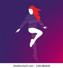 Silhouette of a dancing girl. Spherical lines create the effect of dynamics. On a purple-violet background.