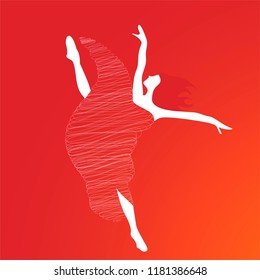 Silhouette of a dancing girl. Spherical lines create the effect of dynamics. On a red-orange background.