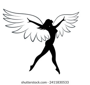 The silhouette of a dancing girl with wings.
