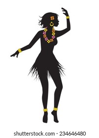 silhouette of dancing Hawaiian girl with flower beads and bracelets 