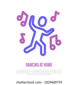 Silhouette of Dancing human and musical notes around. Vector illustration. Thin line icon.