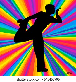 Silhouette dancing human, vector music battle party, disco ray background. 