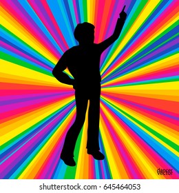 Silhouette dancing human, vector music battle party, disco ray background. 