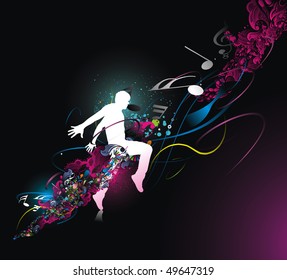 silhouette of dancing man with color wave line background, Vector Illustration, No mesh in this Vector
