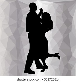 Silhouette dancing people with low poly background