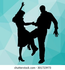 Silhouette dancing people with low poly background