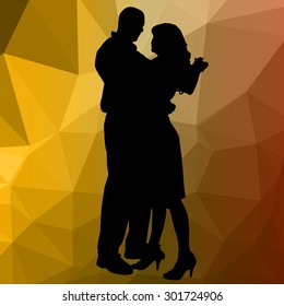 Silhouette dancing people with low poly background
