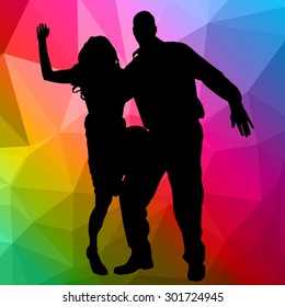 Silhouette dancing people with low poly background