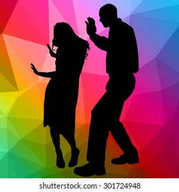 Silhouette dancing people with low poly background
